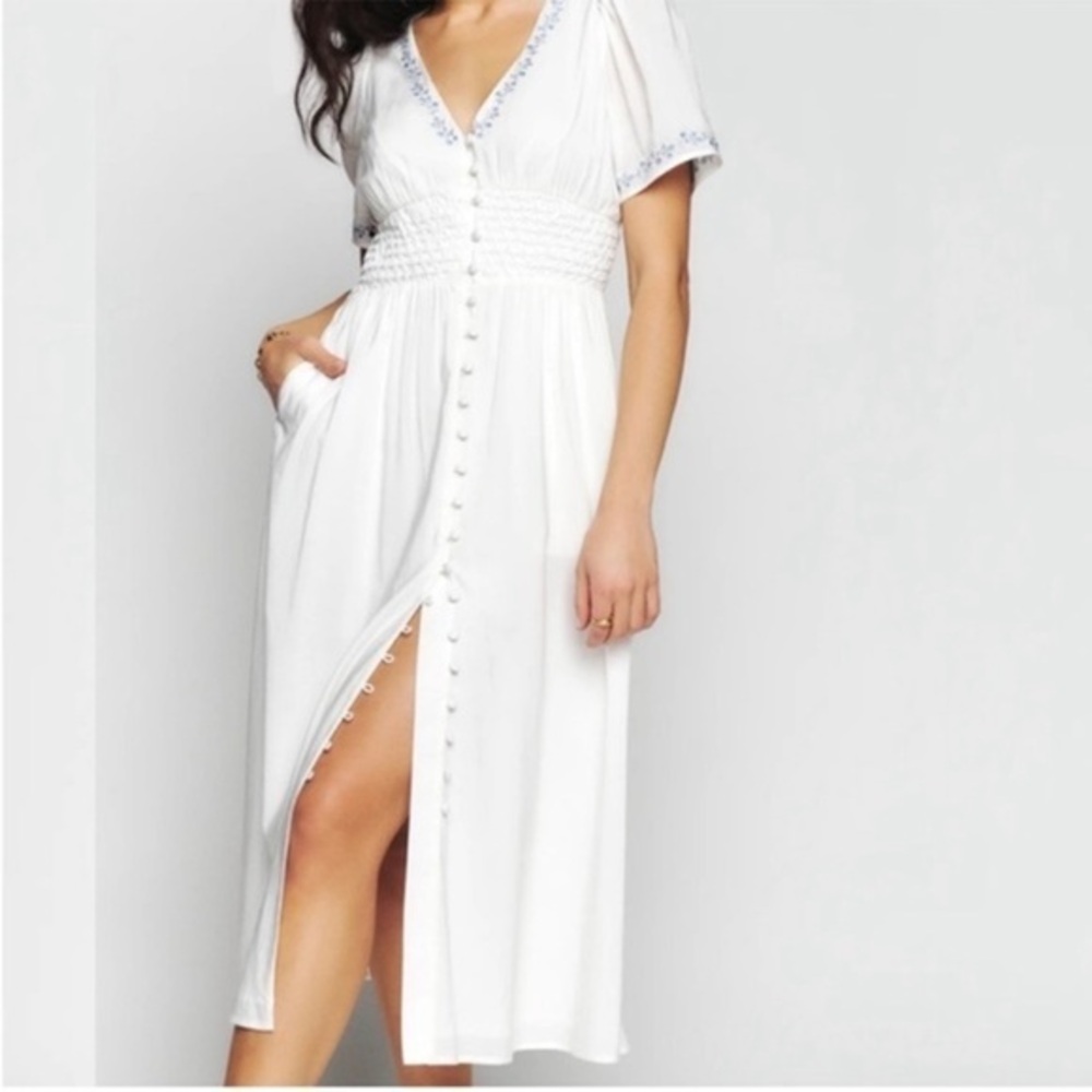 Reformation White Midi Dress with Blue Accents